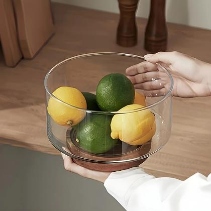 Imagem de Tigela de Vidro Grande com Base de Madeira - Ideal para Frutas, Saladas e Pipoca