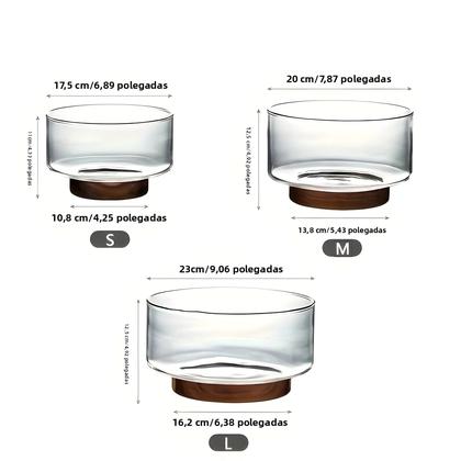 Imagem de Tigela de Vidro Grande com Base de Madeira - Ideal para Frutas, Saladas e Pipoca