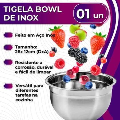 Imagem de Tigela Mixing Bowl De Inox Redondo 26cm Para Preparo Cozinha Salada Confeitaria KeHome