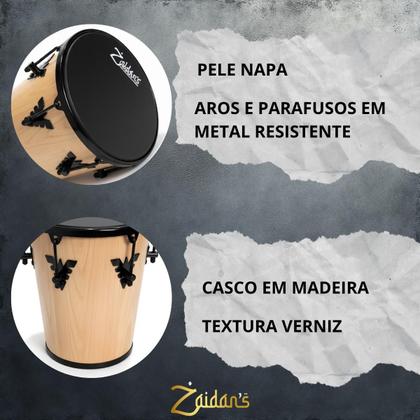 Imagem de Timba 35x10 Zaidans  Madeira Verniz Natural, Pele Napa Preta, Som encorpado para Samba e Pagode, Leve e Portátil, Uso com mãos ou vassourinha