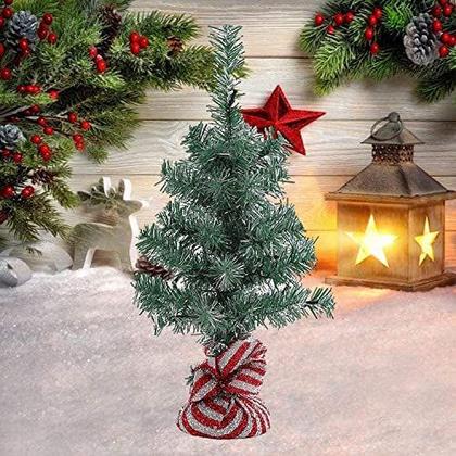 Imagem de TIMOXMAS 1.5FT Verde Mini Pequena Mesa Artificial Pequena Mesa Decorações de Árvore de Natal com Luzes, Inclui Luzes LED e Base de Saco de Pano, Árvore de Natal para o Feriado