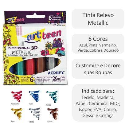Imagem de Tinta Dimensional Relevo Metálica Efeito 3D 6 cores Acrilex Artesanato Pintura Roupas Tecido Madeira MDF EVA Gesso