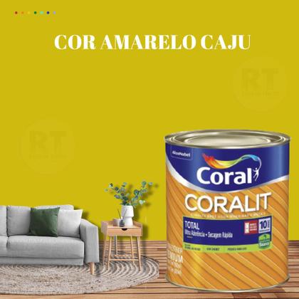 Imagem de Tinta Esmalte Sintético Base Água Cor Amarelo 800ml Coral Coralit Total Zero Acetinado p/Madeiras e Metais e Pintura em Artesanato de MDF.