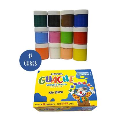 Imagem de Tinta Guache 12 Cores Kit 5 Caixas Escolar Infantil Não Tóxica Maripel ideal para trabalhos escolares