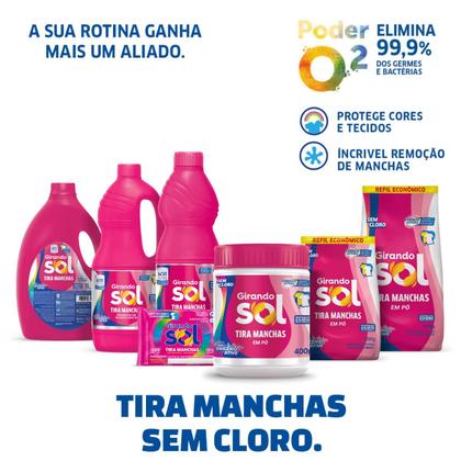 Imagem de Tira Manchas Em Pó Sem Cloro Sachê Girando Sol 400G, Sabão Em Pó Tira Manchas, Rosa, Poderoso Contra As Manchas Mais Dif