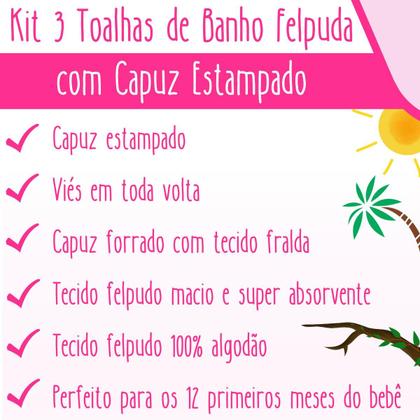 Imagem de Toalha de Banho Bebê Dupla Face com Capuz Estampado Forrado Super Absorvente 70x70 cm - Mãe e Filho Enxovais