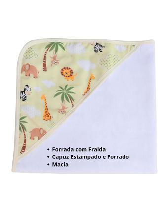 Imagem de Toalha de Banho Bebê Safari Forro Fralda com Capuz 70x70cm