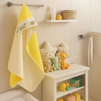 Imagem de Toalha de Banho Grande Bebê com Capuz forrada com fralda dupla 100 Algodão 90x70cm