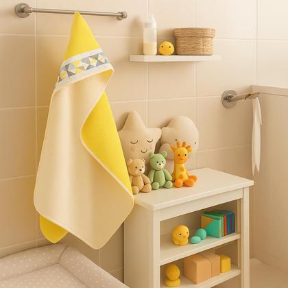 Imagem de Toalha de Banho Grande Bebê com Capuz forrada com fralda dupla 100 Algodão 90x70cm