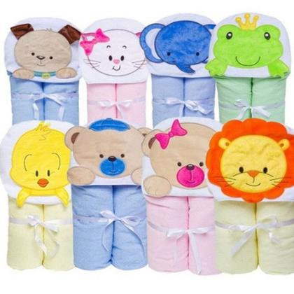 Imagem de Toalha de Bebe Bichinhos Com Forro de Fralda  C/ Capuz Bordado 90x70cm