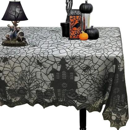 Imagem de Toalha de Mesa de Halloween com Padrão de Teia de Aranha e Caveira - Decoração de Festa