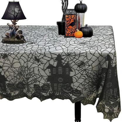 Imagem de Toalha de Mesa de Halloween com Padrão de Teia de Aranha e Caveira - Decoração de Festa