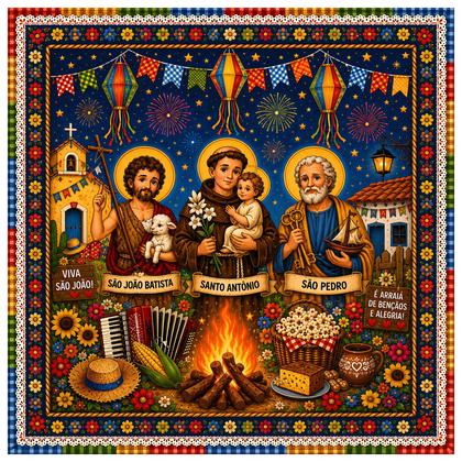 Imagem de Toalha de Mesa De tecido Quadrada Festa Junina Arraia dos Santos 140x140 cm