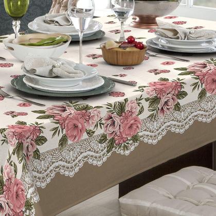 Imagem de Toalha De Mesa Linhão 8 Lugares Retangular Floral Bege