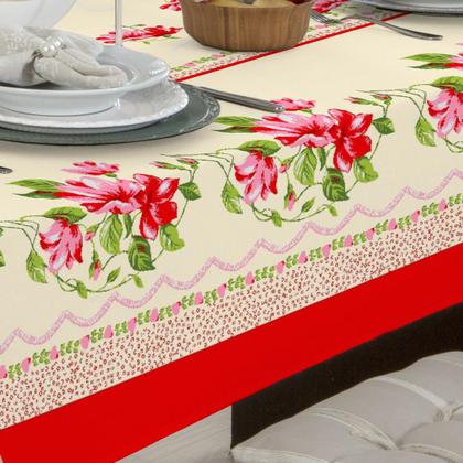 Imagem de Toalha De Mesa Linhão 8 Lugares Retangular Floral Vermelha