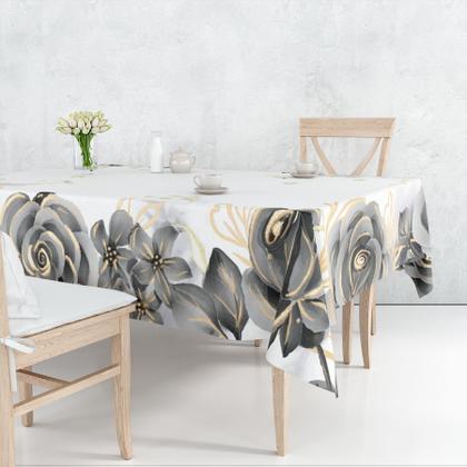 Imagem de Toalha De Mesa Retangular 6 Lugares Tecido Oxford Rosas Pretas e Douradas Aquarela TLS18 - 220x140cm