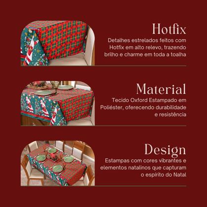Imagem de Toalha de Mesa Retangular Avulsa Estampada Natalina com Hotfix 2,20m x 1,40m para 6 Lugares - Decoração Natal Fim de Ano