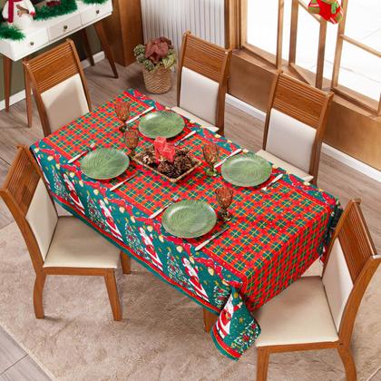 Imagem de Toalha de Mesa Retangular Avulsa Estampada Natalina com Hotfix 2,20m x 1,40m para 6 Lugares - Decoração Natal Fim de Ano