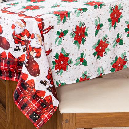 Imagem de Toalha de Mesa Retangular Avulsa Estampada Natalina com Hotfix 2,20m x 1,40m para 6 Lugares - Decoração Natal Fim de Ano