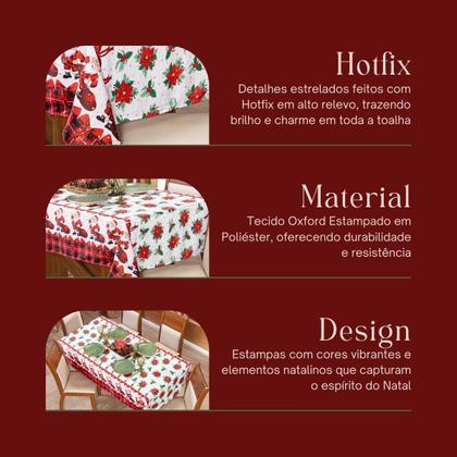 Imagem de Toalha de Mesa Retangular Avulsa Estampada Natalina com Hotfix 2,20m x 1,40m para 6 Lugares - Decoração Natal Fim de Ano