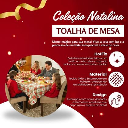 Imagem de Toalha de Mesa Retangular Avulsa Estampada Natalina com Hotfix 2,20m x 1,40m para 6 Lugares - Decoração Natal Fim de Ano