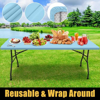 Imagem de Toalha de mesa Smiry impermeável, elástica, ajustada para mesa de 8 pés, azul claro