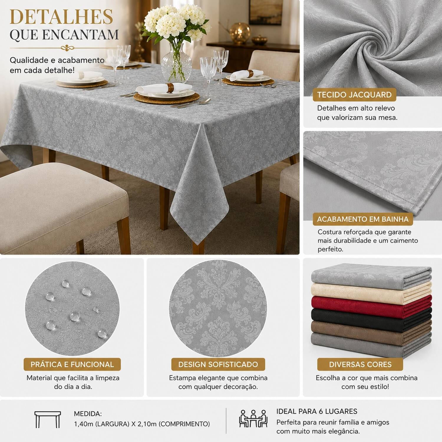 Imagem de Toalha de Mesa Tecido Jacquard 6 Lugares Retangular Varias Cores CINZA