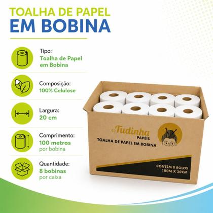 Imagem de Toalha de papel rolo bobina 100% celulose 8x100x20 - vo tudinha