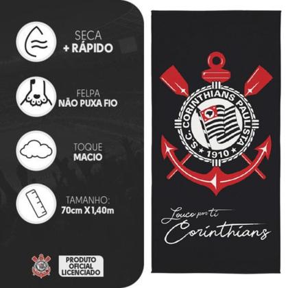 Imagem de Toalha de Time Banho Praia Corinthians 100% Poliéster Transfer 70cm x 1,40m Preto Lepper