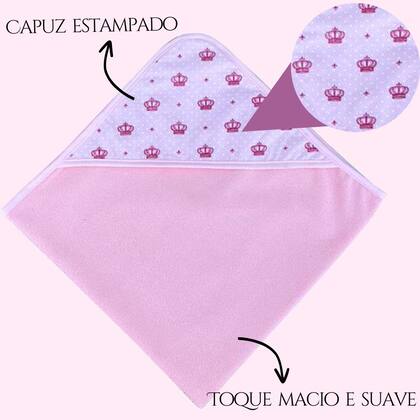 Imagem de Toalha Para Banho Bebê Com Capuz Estampado Menino Coroa Rosa