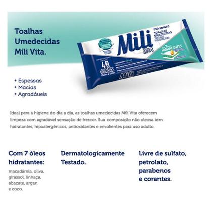 Imagem de Toalha Umedecida Mili Vita   Lenço Umedecido  Uso Adulto    3 Pacotes com 40 unidades  Total 120 Toalhas