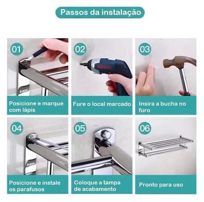 Imagem de Toalheiro de Parede Suporte Porta Toalha Duplo de Aluminio Para Banheiro