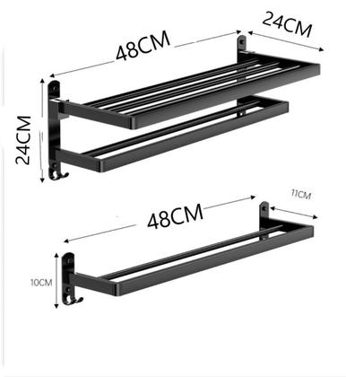 Imagem de Toalheiro duplo aluminio black suporte retratil dobravel 2 prateleiras com ganchos para banheiro luxo porta toalha banho