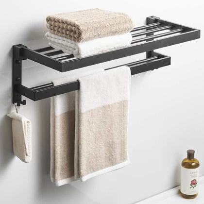 Imagem de Toalheiro Duplo Aluminio Porta Toalha 2 Prateleiras Black Banho Suporte Retratil Dobravel Parede Ganchos Banheiro Luxo