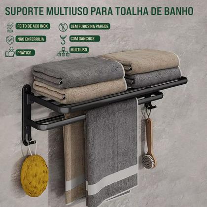Imagem de Toalheiro Duplo Porta Toalha com Prateleira e Ganchos