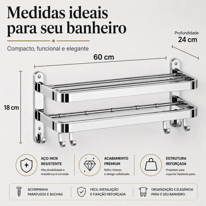 Imagem de Toalheiro Duplo Retrátil Para Banheiro Porta Toalha Premium Luxo De Parede Extensível Inox