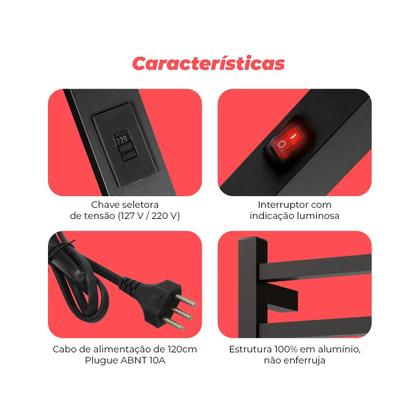 Imagem de Toalheiro Elétrico 4 Barras Quadrate Alumínio Bivolt Preto Cor:Preto