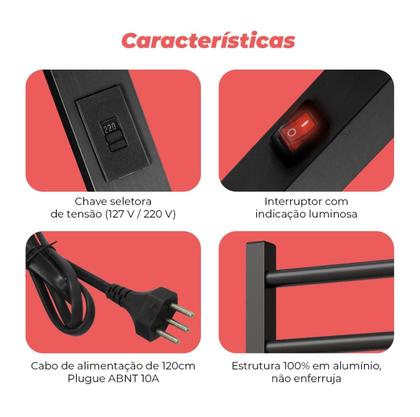 Imagem de Toalheiro Elétrico 9 Barras Quadrate Alumínio Bivolt Preto Cor:Preto