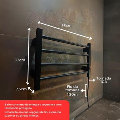 Imagem de Toalheiro Térmico para Toalhas, Aquecedor Elétrico 4 Barras Preto com Seletor 110 220v