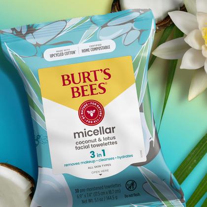 Toalhetes faciais Burt's Bees Coconut & Lotus Micellar 30 Ct (pacote com 3) Imagem de Toalhetes faciais Burt's Bees Coconut & Lotus Micellar 30 Ct (pacote com 3)
