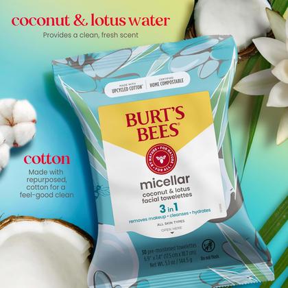 Toalhetes faciais Burt's Bees Coconut & Lotus Micellar 30 Ct (pacote com 3) Imagem de Toalhetes faciais Burt's Bees Coconut & Lotus Micellar 30 Ct (pacote com 3)