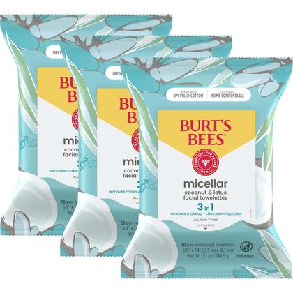 Toalhetes faciais Burt's Bees Coconut & Lotus Micellar 30 Ct (pacote com 3) Imagem de Toalhetes faciais Burt's Bees Coconut & Lotus Micellar 30 Ct (pacote com 3)