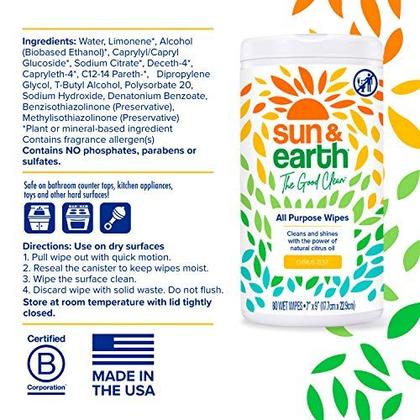 Imagem de Toalhetes limpadores multiuso a granel da Sun & Earth, 480 toalhetes totais, pacote com 6, aroma cítrico totalmente natural, ingredientes à base de plantas, seguros em todas as superfícies duras domésticas, sem fosfatos, parabenos ou sulfatos