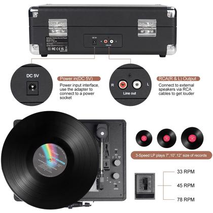 Imagem de Toca-Discos de Vinil Sem Fio Bluetooth DIGITNOW - 3 Velocidades