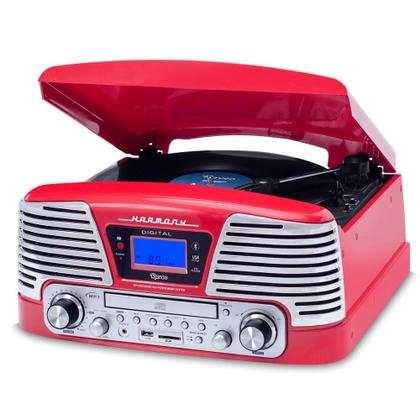 Imagem de Toca Discos Vitrola Raveo Harmony BT - Bluetooth, CD, MP3, USB e SD Reproduz e Grava, Aux. e FM 10W RMS Bivolt Vermelho