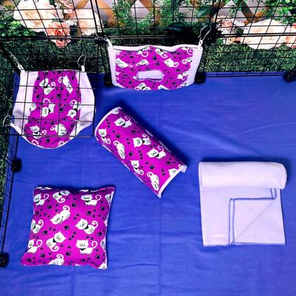 Imagem de Toca, Porta Feno E Rede Para Porquinho Da Índia - Kit C/ 5 P Enxoval Com Manta Soft, Rede, Toca, Almofada P/ Porquinho