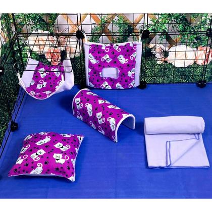 Imagem de Toca, Porta Feno E Rede Para Porquinho Da Índia - Kit C/ 5 P Enxoval Com Manta Soft, Rede, Toca, Almofada P/ Porquinho