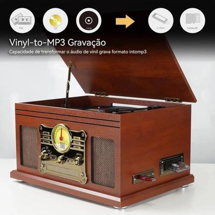 Imagem de TocaDiscos 3 em 1 com Bluetooth  Reproduz Vinil, CD, Fita Cassete, USB e Rádio FM