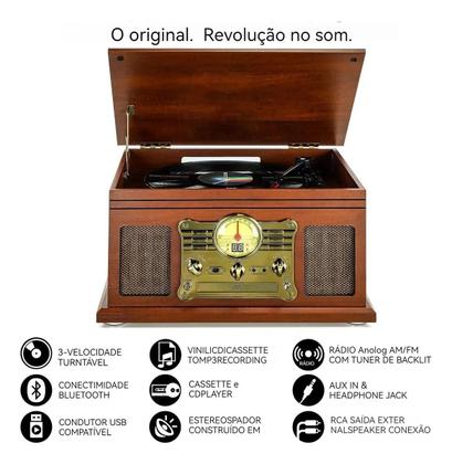 Imagem de TocaDiscos 3 em 1 com Bluetooth  Reproduz Vinil, CD, Fita Cassete, USB e Rádio FM