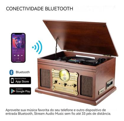 Imagem de TocaDiscos 3 em 1 com Bluetooth  Reproduz Vinil, CD, Fita Cassete, USB e Rádio FM